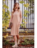 Loose dress with a turtleneck and pockets, beige FI720 - Online store - Boutique